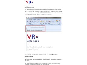 This image shows a portion of a Nov. 1, 2016 warning email that electronic pollbook vendor VR Systems sent to customers about "spear-phishing" emails received by more than 100 of its clients just before the 2016 general election. Containing an attachment designed to steal passwords, the emails purported to originate from the Tallahassee, Fla.-based election software vendor. U.S. officials say Russian military operatives sent them. (VR Systems via AP)