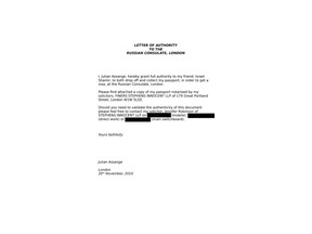 This document obtained by The Associated Press shows a letter to the Russian Consulate in London dated Nov. 30, 2010. Although it isn't clear whether the missive was actually delivered to the consulate, it does show that WikiLeaks founder Julian Assange sought a Russian visa as authorities were closing in on him in the wake of his publication of U.S. State Department cables. The letter is part of a wider cache of internal WikiLeaks files recently obtained by the AP. Sections of the image are redacted to protect sensitive information. (AP Photo)