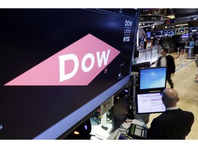 FILE - In this Dec. 9, 2015, file photo, the company name of Dow appears above its trading post on the floor of the New York Stock Exchange. DowDuPont names James C. Collins Jr. as CEO of Corteva Agriscience, which is what the agriculture unit will be called once spun off. Marc Doyle will become CEO of DuPont, which is what the specialty products division will be named once separated.
