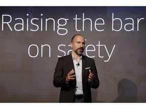 Uber CEO Dara Khosrowshahi speaks during the company's unveiling of the new features in New York, Wednesday, Sept. 5, 2018. Uber is aiming to boost driver and passenger safety in an effort to rebuild trust in the brand.