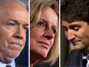 B.C. Premier John Horgan, left, Alberta Premier Rachel Notley and Prime Minister Justin Trudeau. Relations between Ottawa and the provinces are growing more strained by the day and not just in the west.
