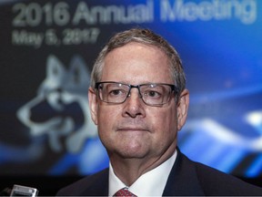 Husky Energy president and CEO Robert Peabody speaks to reporters following the company's annual meeting in Calgary, Alta., Friday, May 5, 2017.