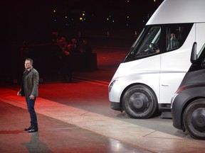 Tesla Chairman and CEO Elon Musk unveils the new "Semi" electric Truck for buyers and journalists on November 16, 2017.