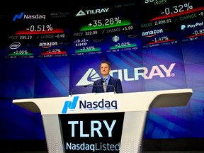 Brendan Kennedy, CEO and founder of British Columbia-based Tilray Inc., a major Canadian marijuana grower, poses before closing Nasdaq, where his company's IPO opened, Thursday, July 19, 2018, in New York.