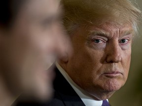 U.S. President Donald Trump, right, and Canadian Prime Minister Justin Trudeau, left, seen at a meeting in 2017. The two leaders are now clashing over trade.