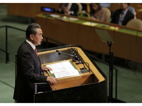 China's Foreign Minister Wang Yi addresses the 73rd session of the United Nations General Assembly, at U.N. headquarters, Friday, Sept. 28, 2018.