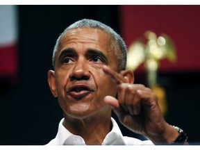 In this Sept. 8, 2018, photo, former President Barack Obama speaks as he campaigns in support of California congressional candidates in Anaheim, Calif. Obama's recent denunciation of President Donald Trump's treatment of the press overlooks the aggressive steps the Justice Department took to keep information from the public when he was president. Obama also made a problematic claim that Republican "sabotage" has cost 3 million people their health insurance. With his return to the political donnybrook on behalf of Democrats in the November elections, Obama has brought a once-familiar style back into the discourse. It's measured, nuanced and distinct from the torrent of misstatements from Trump. That doesn't mean Obama always tells the story straight.