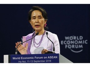 Myanmar leader Aung San Suu Kyi addresses participants during the opening session of the World Economic Forum on ASEAN Wednesday, Sept. 12, 2018 in Hanoi, Vietnam. The World Economic Forum has attracted hundreds of participants for the three-day forum with the theme: ASEAN 4.0: Entrepreneurship and the Fourth Industrial Revolution.