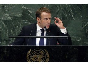 France's President Emmanuel Macron addresses the 73rd session of the United Nations General Assembly, at U.N. headquarters, Tuesday, Sept. 25, 2018.