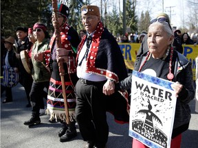 Harriet Prince (right), 76, of the Anishinaabe tribe, marched with Coast Salish Water Protectors and others, earlier this year, against the expansion of Texas-based Kinder Morgan's Trans Mountain pipeline project in Burnaby, British Columbia.