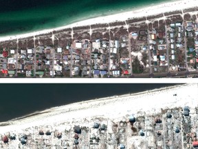 Before-and-after satellite views of storm-damaged areas, such as this shown in Florida in October, were provided by DigitalGlobe, a Maxar unit.