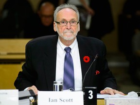 CRTC chair Ian Scott speaks at the Transportation and Communications Senate committee in Ottawa Oct. 30.