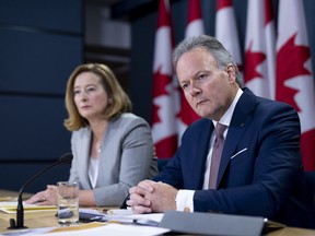 Stephen Poloz, governor of the Bank of Canada, right, and Carolyn Wilkins, senior deputy governor of the Bank of Canada, listen during a press conference in Ottawa, Ontario, Canada, on Wednesday, Oct. 24, 2018. The Bank of Canada pressed ahead with a fresh interest rate increase, and acknowledged for the first time in more than a decade that it expects to completely remove monetary stimulus from the economy.