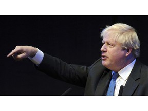 British Conservative Party Member of Parliament Boris Johnson speaks at a fringe event during the Conservative Party annual conference at the International Convention Centre, in Birmingham, England, Tuesday, Oct. 2, 2018.