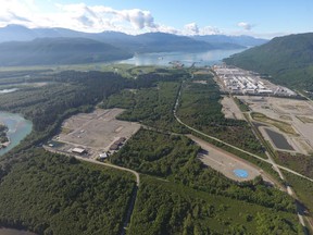 An aerial view of the LNG Canada site in Kitimat, British Columbia, Canada