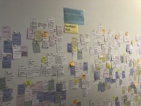 In this Aug. 15, 2018 photo, post-it notes cover a wall labeled "feedback" during a forum hosted by Google affiliate Sidewalk Labs in Toronto, Canada, regarding a proposal to take a rundown neighborhood of Toronto's waterfront and develop it into perhaps the most wired community in history. Critics of the project have raised alarms about whether the idea gives the tech giant too much data and power.