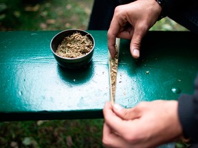 A man rolls a marijuana cigarette during a legalization party at Trinity Bellwoods Park in Toronto.