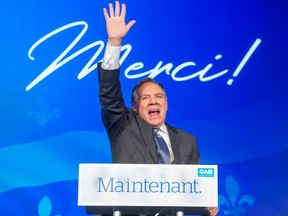 Coalition Avenir du Quebec leader Francois Legault speaks to supporters after winning the provincial election Monday, October 1, 2018 in Quebec City, Que.