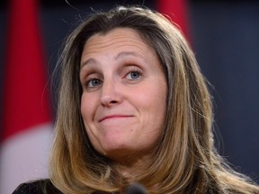 Minister of Foreign Affairs Chrystia Freeland answers questions about the USMCA in Ottawa on Monday.