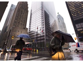 People walk in Toronto's financial district in Toronto, on Oct. 29, 2012.