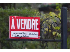 A home for sale sign is shown on the west island of Montreal, Saturday, November 4, 2017. Montreal's real estate market is continuing its hot streak.