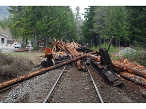 The aftermath of a train derailment is shown in Woss, B.C., in this 2017 handout photo. Decaying railroad ties and the failure of a safety mechanism to prevent a train derailment are cited in a report by British Columbia's workers' safety agency as factors in a crash that killed three people and injured two others. The accident in April 2017 happened on the now-abandoned Western Forest Products rail line at Woss, a community of about 200 residents on Vancouver Island.