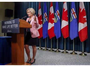 Alberta Premier Rachel Notley discusses pipeline expansion with reporters in Calgary, Alta., Thursday, Sept. 6, 2018. Notley is rejecting accusations she dropped the ball by waiting too long to publicly take on the feds over two bills her government believes could seriously harm its oil and gas industry.
