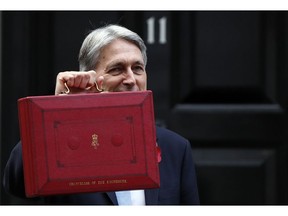 Britain's Chancellor of the Exchequer Philip Hammond poses for the media as he holds up the traditional red dispatch box, outside his official residence 11 Downing Street before delivering his annual budget speech to Parliament in London, Monday, Oct. 29, 2018.
