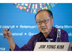 World Bank President Jim Yong Kim speaks during a press conference ahead of the annual meetings of the IMF and World Bank in Bali, Indonesia Thursday, Oct. 11, 2018.