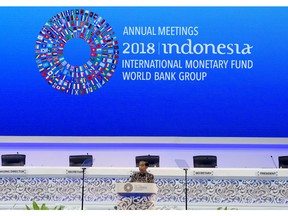 Indonesia's President Joko Widodo delivers his speech during the opening of International Monetary Fund (IMF) World Bank annual meetings in Bali, Indonesia on Friday, Oct. 12, 2018.