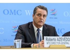 FILE - In this April 12, 2018 file photo Brazilian Roberto Azevedo, Director General of the World Trade Organization, WTO, speaks during a press briefing about the WTO's World Trade Report 2017 at the headquarters of the World Trade Organization, WTO, in Geneva, Switzerland. As it stands, the WTO is on track to become powerless by next year if the Trump administration continues to withhold support over its complaints that China breaks the rules.