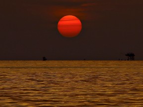 In 2004, a oil platform owned by Taylor Energy sank in the Gulf of Mexico and the wells continue to leak to this day.