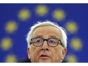 FILE - In this Wednesday, Sept. 12, 2018 file photo, European Commission President Jean-Claude Juncker delivers his State of Union speech at the European Parliament in Strasbourg, eastern France. In comments published on Saturday Oct. 6, 2018, Jean-Claude Juncker said the chances of Britain and the bloc striking a Brexit deal are rising, amid reports the two sides are moving closer on the fraught issue of the Irish border.