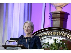 FILE - In this Tuesday, May 24, 2016 file photo, US biochemical engineer Frances Arnold, speaks after winning the Millennium Technology Prize 2016 during the awards ceremony in Helsinki, Finland. Frances Arnold, US, George P Smith US and Gregory P Winter of Britain have been awarded the 2018 Nobel Prize in Chemistry.