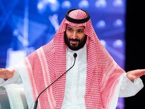 In this photo released by Saudi Press Agency, SPA, Saudi Crown Prince, Mohammed bin Salman addresses the Future Investment Initiative conference, in Riyadh, Saudi Arabia, Wednesday, Oct. 24, 2018.