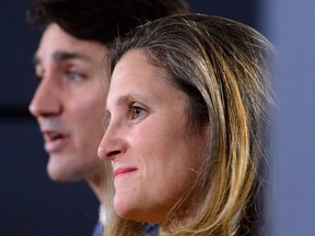 Prime Minister Justin Trudeau and Minister of Foreign Affairs Chrystia Freeland hold a press conference regarding the United States Mexico Canada Agreement (USMCA) in Ottawa on Monday.