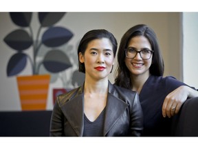 In this Thursday, Oct. 11, 2018, photo Brittania Boey, left, and Allie Melnick, right, leaders behind Harry's new shaving and body care brand Flamingo pose for a photo in New York. The company behind men's shaving brand Harry's is launching Flamingo, a new direct-to-consumer hair removal and body care brand for women, that aims to make women less uncomfortable about shaving.