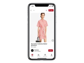 This undated product image provided by Pinterest shows a new Pinterest "product pin." In another step toward revenue growth and to give users something they've been asking for, the company is announcing Tuesday, Oct. 16, 2018, that it is making more of its "pins," the photos and illustrations users post and save for inspiration, "shoppable." While Pinterest already had such "buyable pins" where people could buy stuff, the company says these new "product pins" cover many more products and will be easier to find in search and in people's own feeds. (Pinterest via AP)