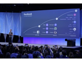 FILE- In this April 12, 2016, file photo, Facebook CEO Mark Zuckerberg talks about the company's 10-year roadmap during the keynote address at the F8 Facebook Developer Conference in San Francisco. Instagram along with Messenger and WhatsApp are serving as the social media giant's insurance policy for a future that might not be dominated by its flagship service.