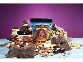 This undated product image provided by Ben & Jerry's shows the rebranded ice cream flavor Pecan Resist. Ben & Jerry's says it's taking a stand against what it calls the Trump administration's regressive policies with the ice cream flavor. The company and its founders are unveiling the limited batch ice cream flavor Tuesday, Oct. 30, 2018, in Washington ahead of the mid-term elections. (Ben & Jerry's via AP)