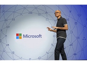 FILE- In this May 7, 2018, file photo Microsoft CEO Satya Nadella delivers the keynote address at Build, the company's annual conference for software developers in Seattle. Microsoft Corp. reports earnings Wednesday, Oct. 24.