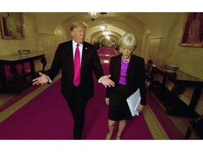 This image taken from video provided by CBS shows President Donald Trump, left, with Lesley Stahl during the taping of an interview for "60 Minutes" that aired on Sunday, Oct. 14.  President Trump reached 11.7 million viewers for his "60 Minutes" interview on Sunday or just over half the audience that Stormy Daniels had on the CBS newsmagazine last spring.(CBS via AP)