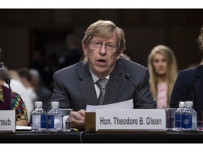 FILE - In this Sept. 7, 2018, file photo, former Solicitor General Ted Olson testifies on a panel of experts and character witnesses before the Senate Judiciary Committee on behalf of President Donald Trump's Supreme Court nominee Brett Kavanaugh on the final day of the confirmation hearings, on Capitol Hill in Washington.  Saudi Arabia is paying influential lobbyists, lawyers and public relations experts nearly $6 million a year to engage U.S. officials and promote the Middle East nation, even after several firms cut ties with the kingdom following the disappearance of journalist Jamal Khashoggi. Among those in Saudi Arabia's corner are a lobbying firm headed by the former Republican chairman of the House Armed Services Committee and high-profile Washington attorney Olson.