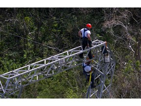 FILE - In this Sunday, Oct. 15, 2017, file photo, Whitefish Energy Holdings workers restore power lines damaged by Hurricane Maria in Barceloneta, Puerto Rico. A year after losing a $300 million no-bid contract to restore Puerto Rico's hurricane-shattered electric grid, Whitefish Energy Holdings has quietly been seeking and winning U.S. government contracts.