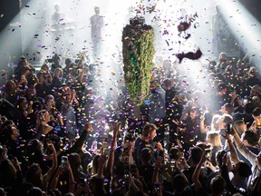 A depiction of a cannabis bud drops from the ceiling at Leafly's countdown party in Toronto on Wednesday, Oct. 17, 2018, as midnight passes and marks the first day of the legalization of cannabis across Canada.