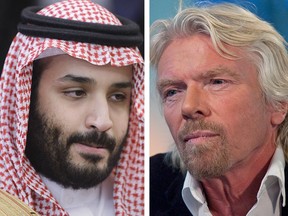 Saudi Prince Mohammed bin Salman, left, and British billionaire Richard Branson, who has suspended business links with Saudi Arabia.