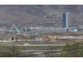 FILE - In this April 24, 2018, file photo, the Kaesong industrial complex in North Korea is seen from the Taesungdong freedom village inside the demilitarized zone during a press tour in Paju, South Korea. South Korea's Unification Ministry on Wednesday, Oct. 10, 2018, said the water is being supplied to a liaison office between the countries that opened in Kaesong in September 2018 and has been provided to the town's residents as well.
