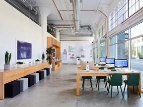 The interior of the first bricks-and-mortar location for Shopify is shown in Los Angeles.