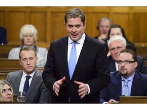 Conservative Leader Andrew Scheer stands during question period in the House of Commons on Parliament Hill in Ottawa on Wednesday, Oct. 24, 2018.