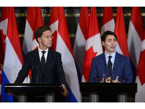Prime Minister of the Netherlands Mark Rutte and Prime Minister Justin Trudeau hold a joint press conference on Parliament Hill in Ottawa on Thursday, Oct. 25, 2018.